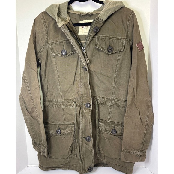 VTG Hollister Utility Chore Jacket L Hood Army Green Zip Button Y2K Grunge - Picture 1 of 16